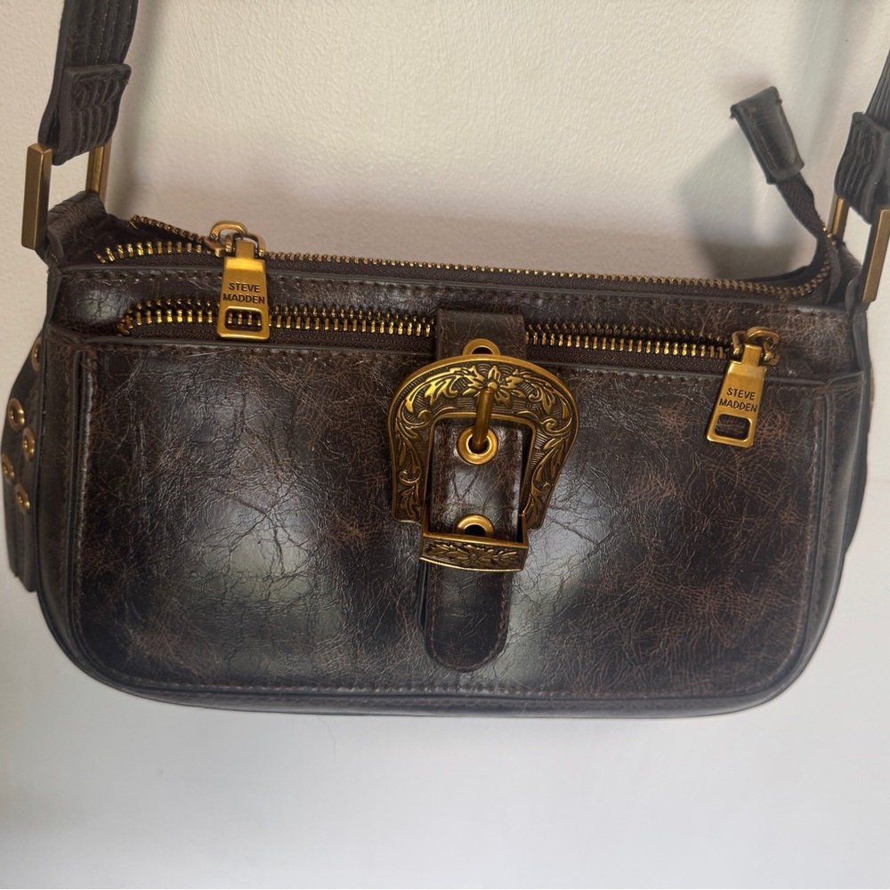 Steve Madden Dark Brown Leather Strap Crossbody with Branded Brass Zipper Pull